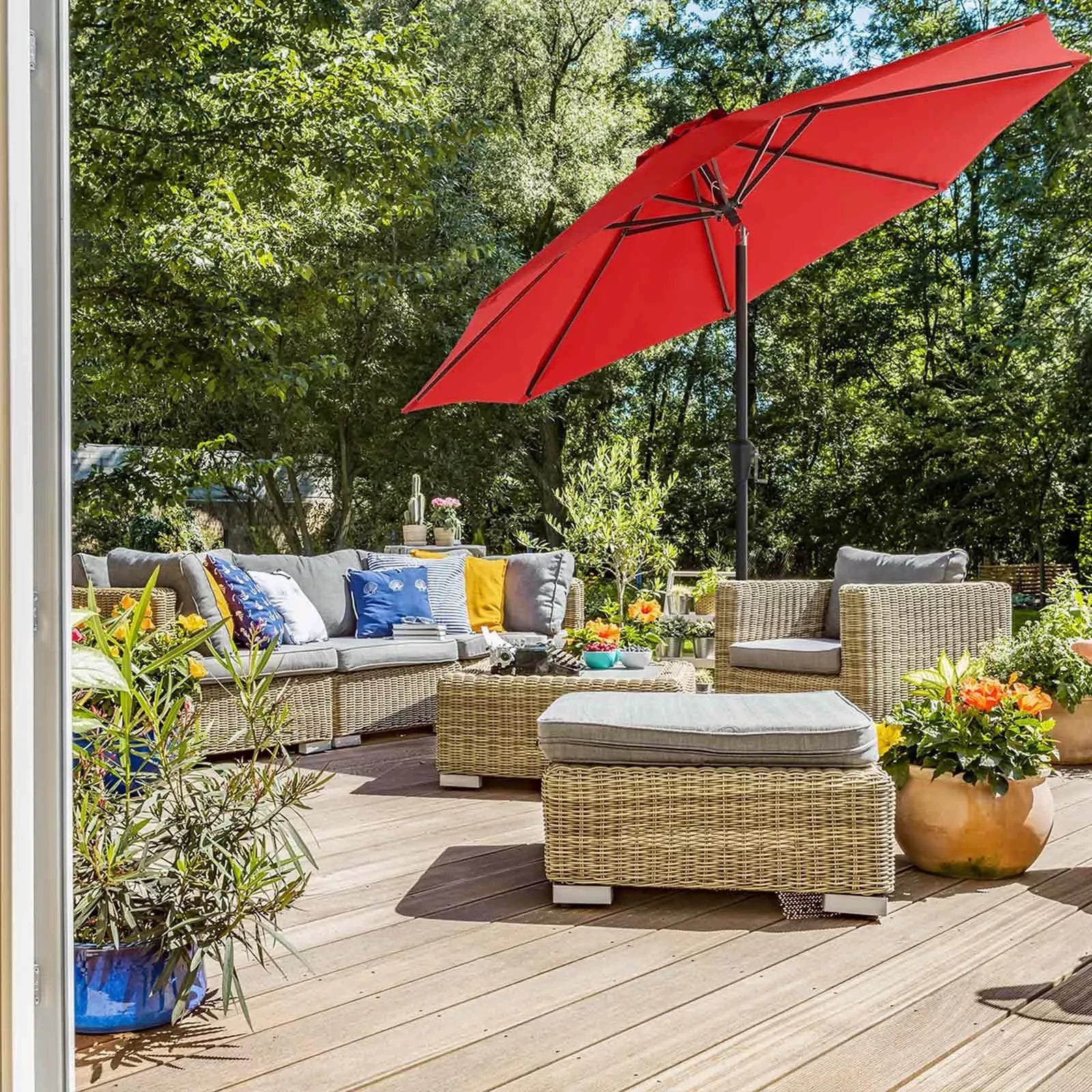 In And OutdoorMatch Parasol Marques - 300cm - Kantelbaar - Camping - Rond - Staand - Rood - UPF 50 - Terras, balkon, tuin of strand Sunshade