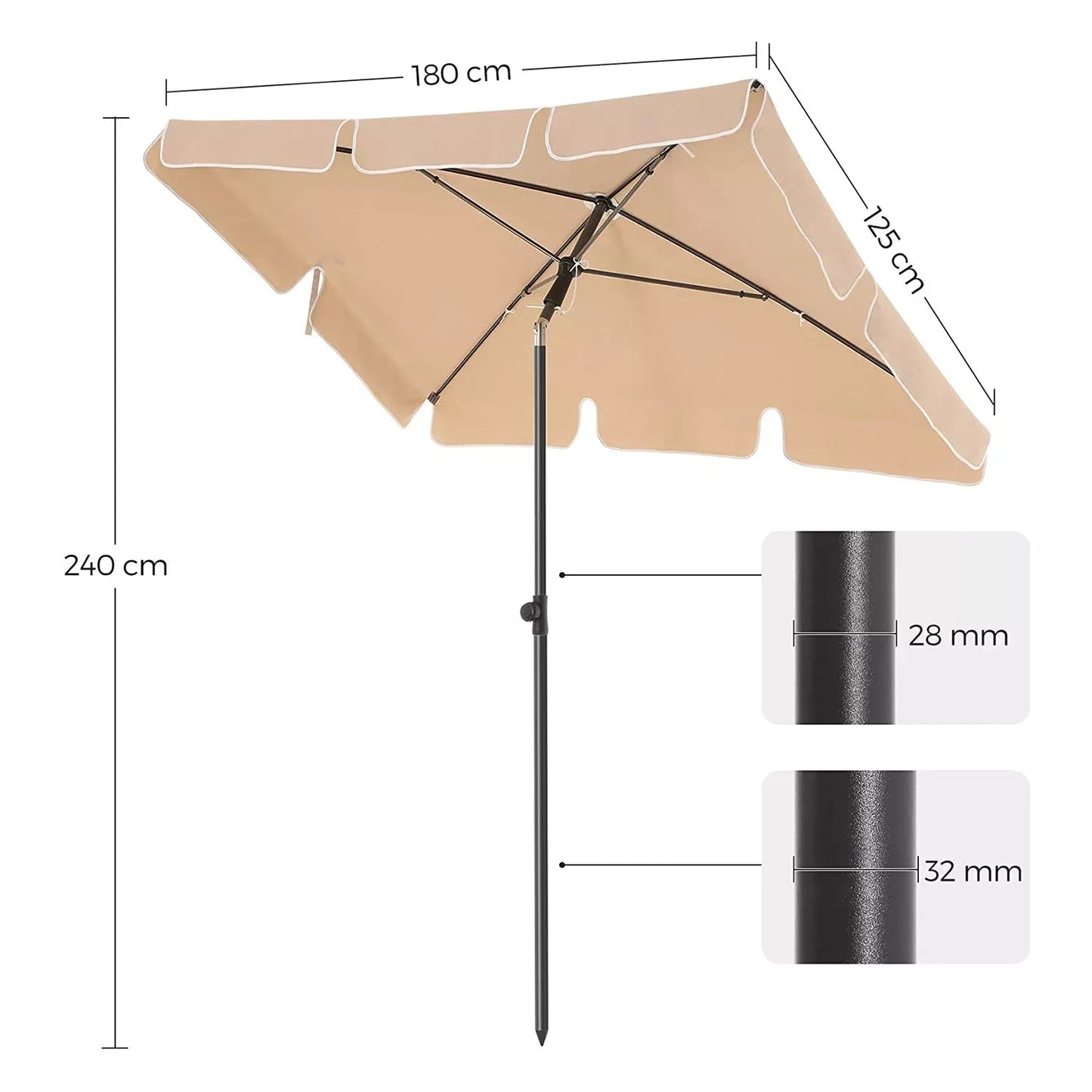 In And OutdoorMatch Parasol Rahsaan - Langwerpig - Kantelbaar - Staand - Beige - Terras of tuin - 180x125cm Parasol