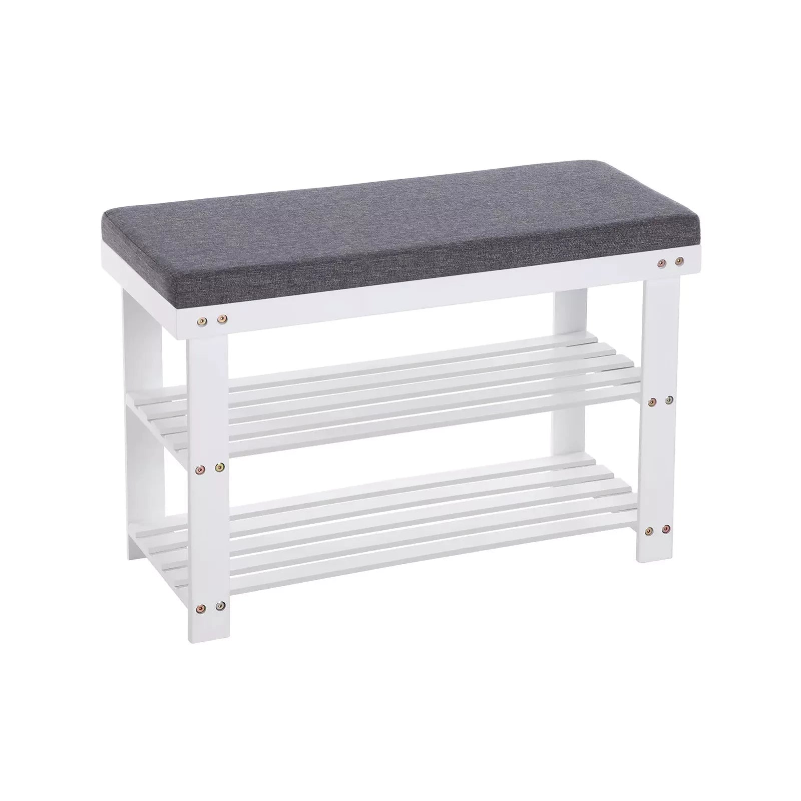 In And OutdoorMatch Schoenenbank Cassidy - Gemaakt van Bamboe - Schoenenrek - met 2 Planken - Bank - Zitting tot 150 kg draagvermogen - 71x29x49cm - Wit/Grijs shoe rack