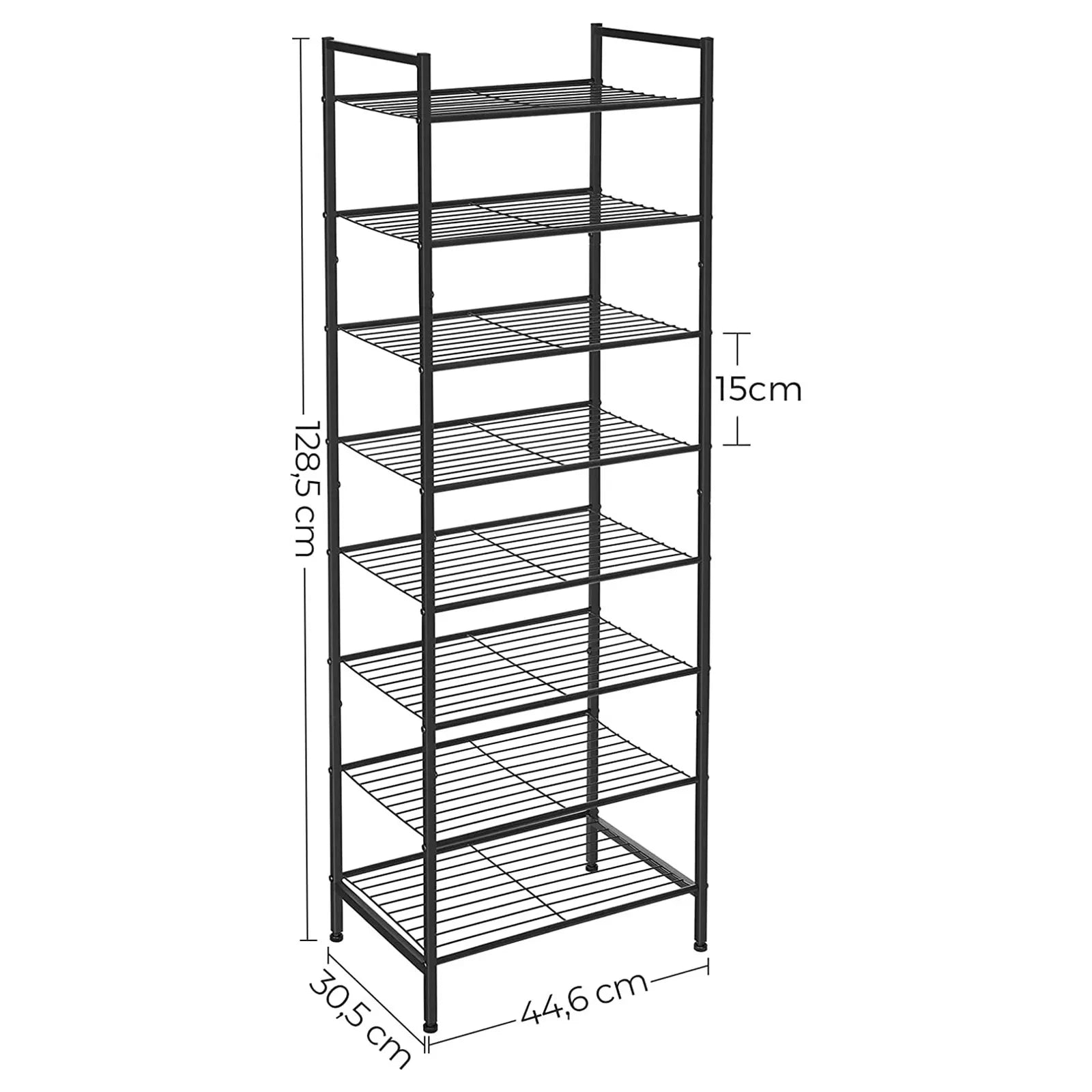 In And OutdoorMatch Schoenenrek Domenic - Met 8 Lagen - Smal - Voor 16-24 paar Schoenen - Space Savin - Veel Opbergruimte - Metalen Rek - 44.6x30.5x128.5cm - Zwart shoe rack