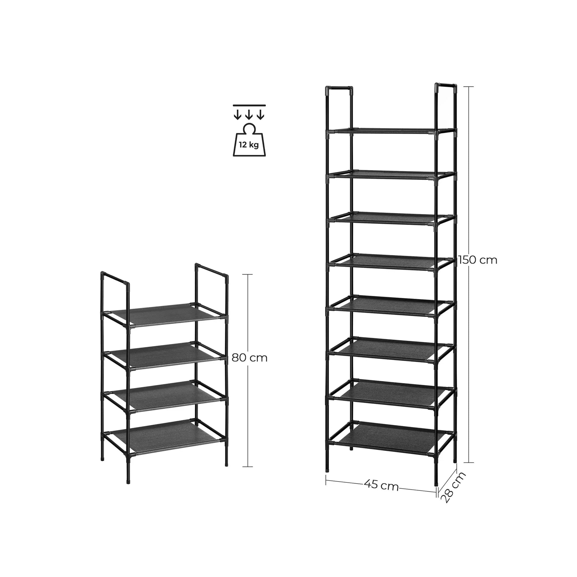 In And OutdoorMatch Schoenenrek Joanne - Set van 2 - Met 4 Planken - Schoenenrek - Schoenenopberger - Metalen Frame - Non-Woven Planken - voor Hal, Slaapkamer - Woonkamer - 45x28x80cm - Zwart shoe rack