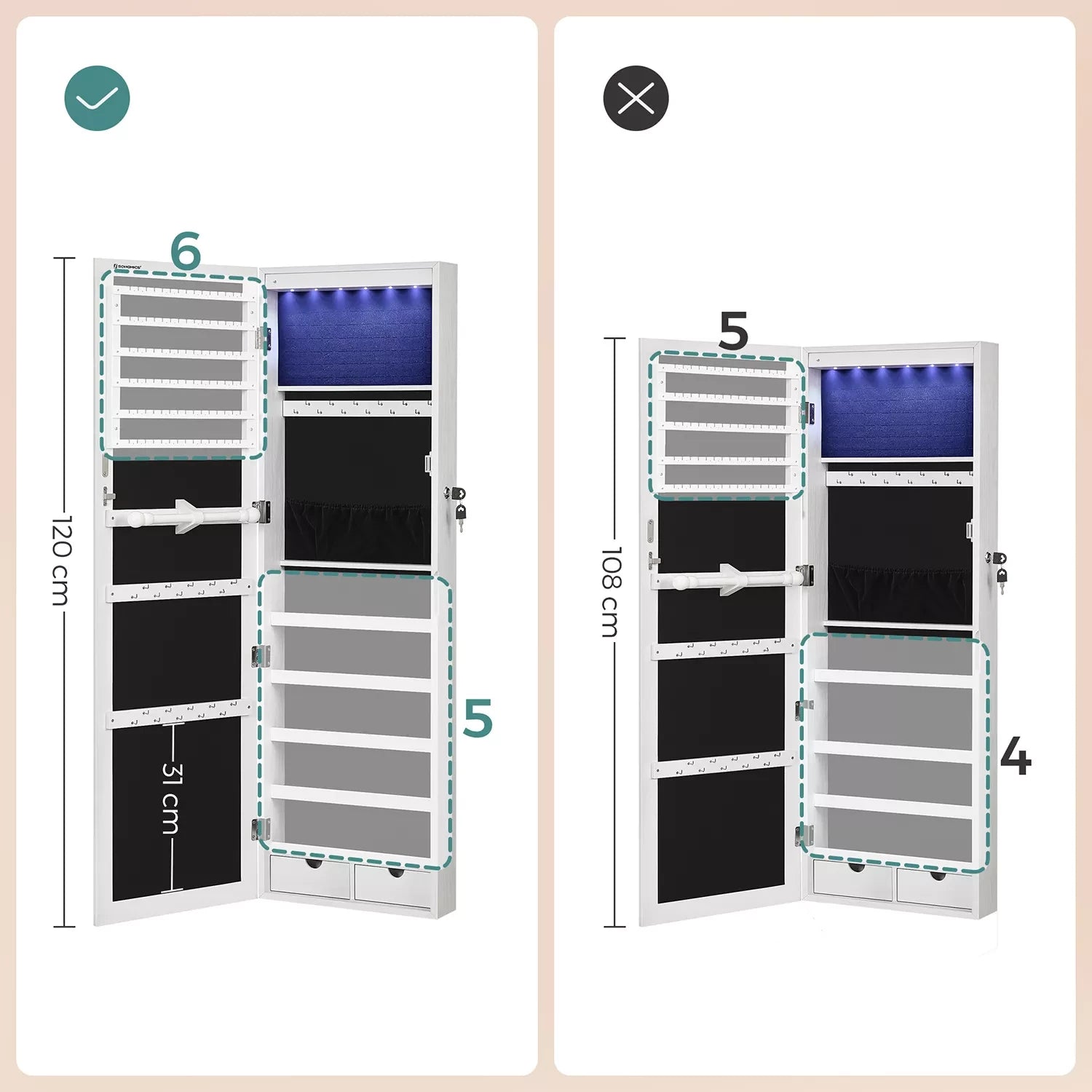 In And OutdoorMatch Spiegelkast deluxe Jobbo - Met slot - Sieradenkast ophangbaar - Sieradenkast spiegel - Sieradendoos - 120x37cm Mirror cabinet