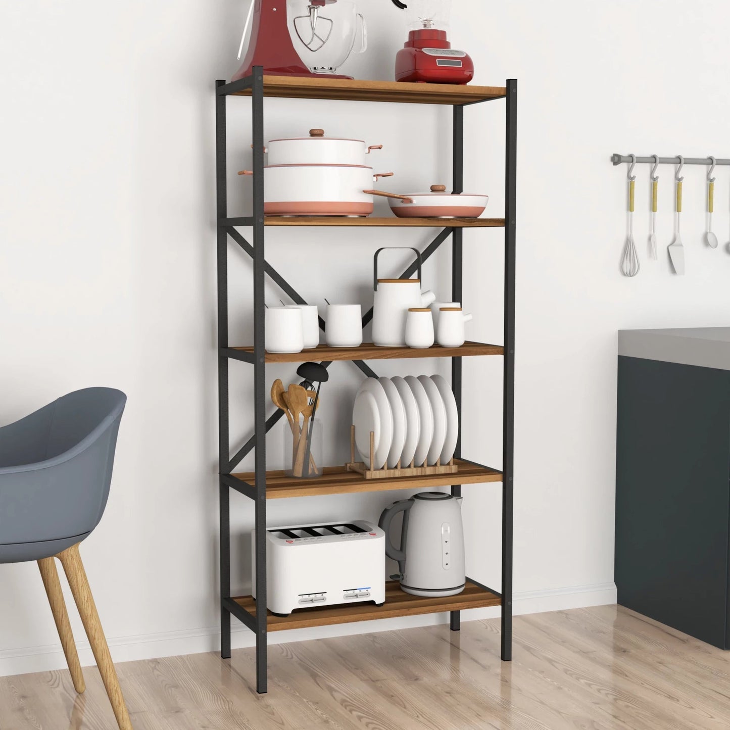 In And OutdoorMatch Staand rek Leonard - 160x66x34 cm - Walnootkleurig en Antraciet - Spaanplaat en Metaal - Modern Design storage rack