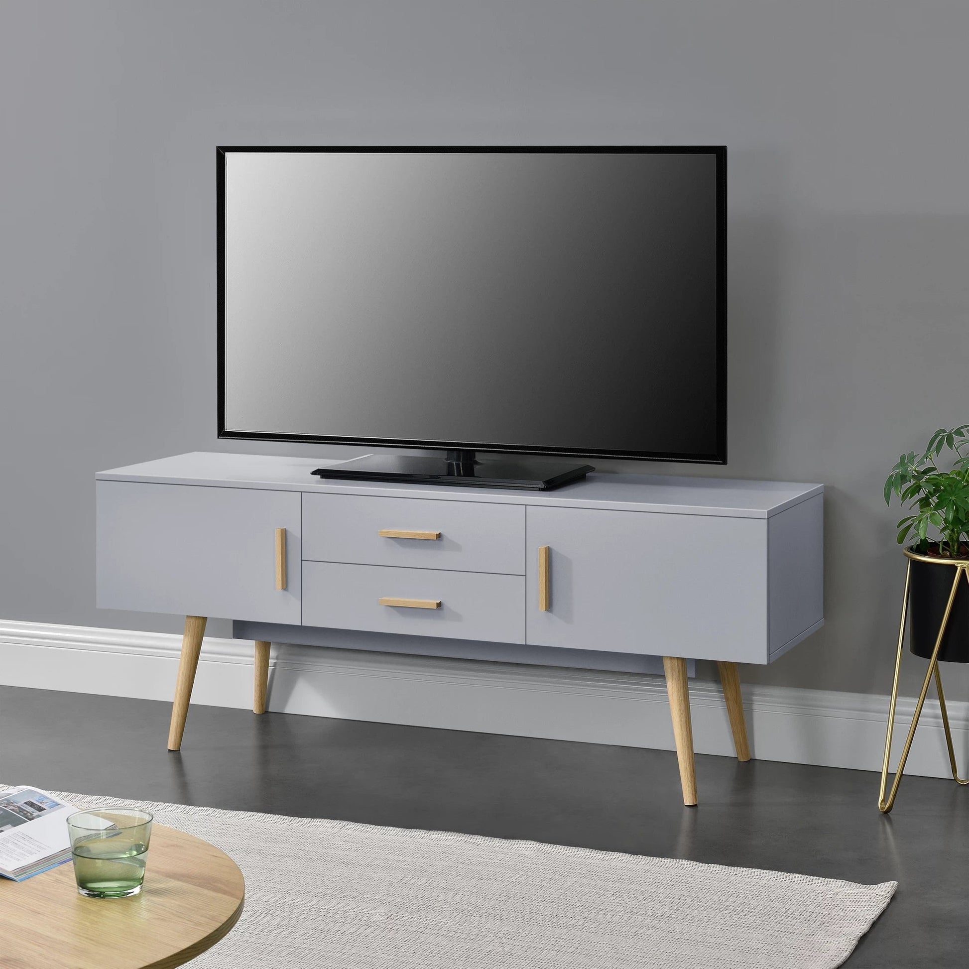 In And OutdoorMatch TV Kast Bailee - Met 2 Lades - 140x40x56 cm - Lichtgrijs - Spaanplaat en Hout - Stijlvol Design TV cabinet