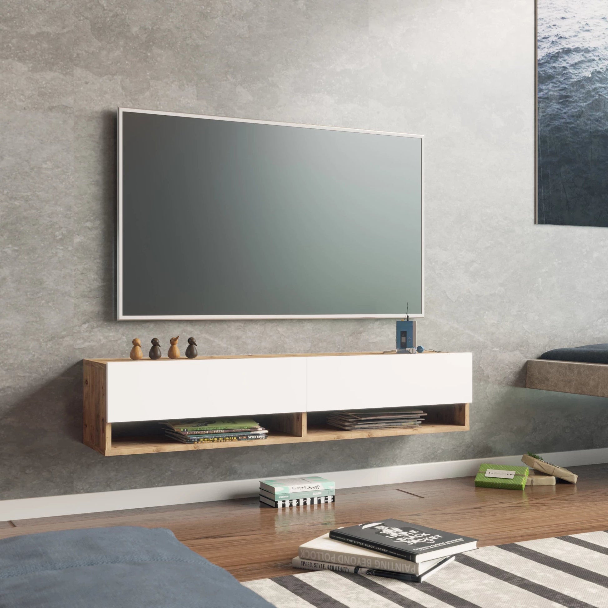 In And OutdoorMatch TV Kast Cody - TV Meubel - TV meubel - 2 Opbergvakken - 140x31,5x29,5cm - Houtkleurig en Wit - Sierkast TV-meubel