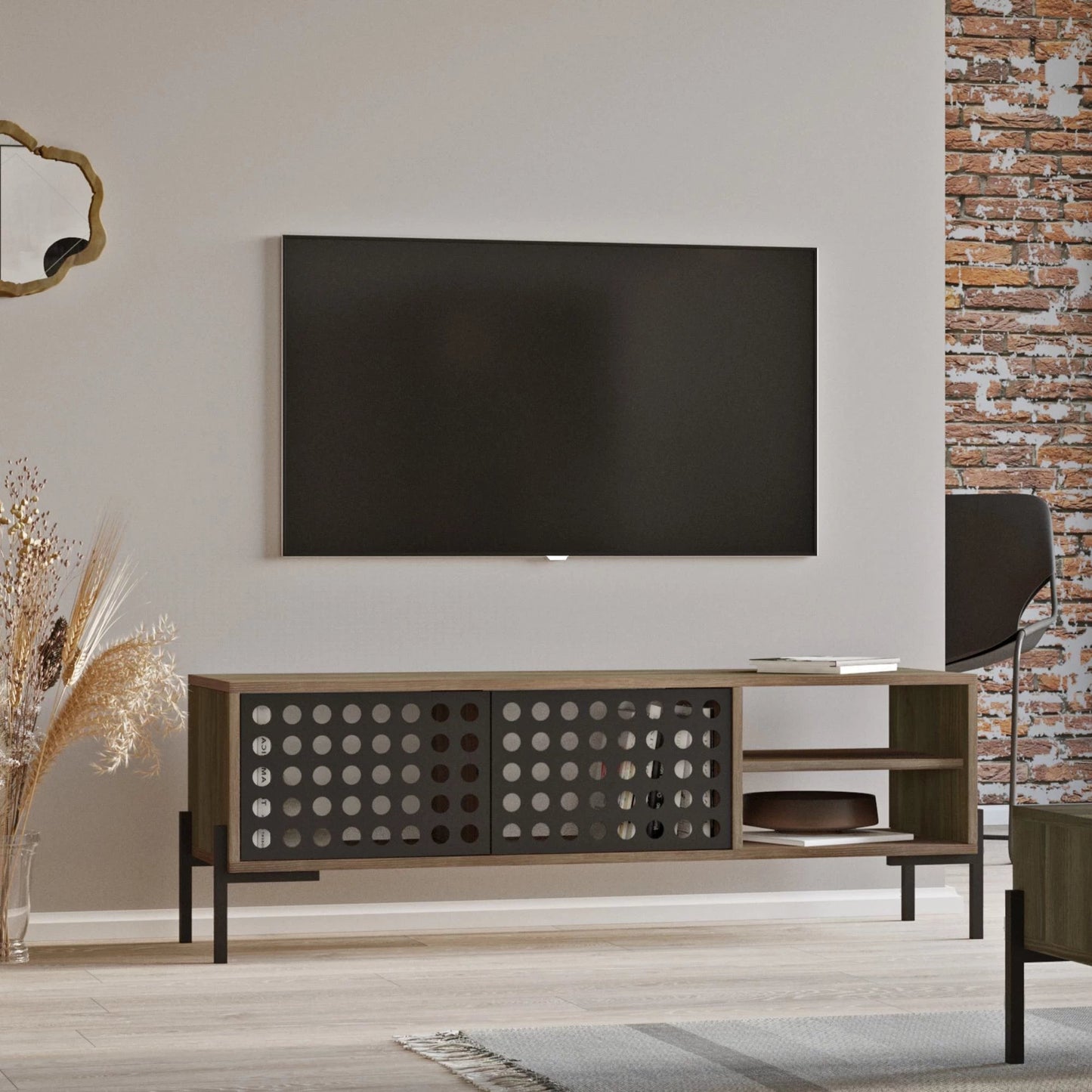 In And OutdoorMatch TV Kast Ocean - TV meubel - TV meubel - 144x40x49cm - eiken grijs en antraciet - 2 opbergvakken - decoratieve kast TV-meubel