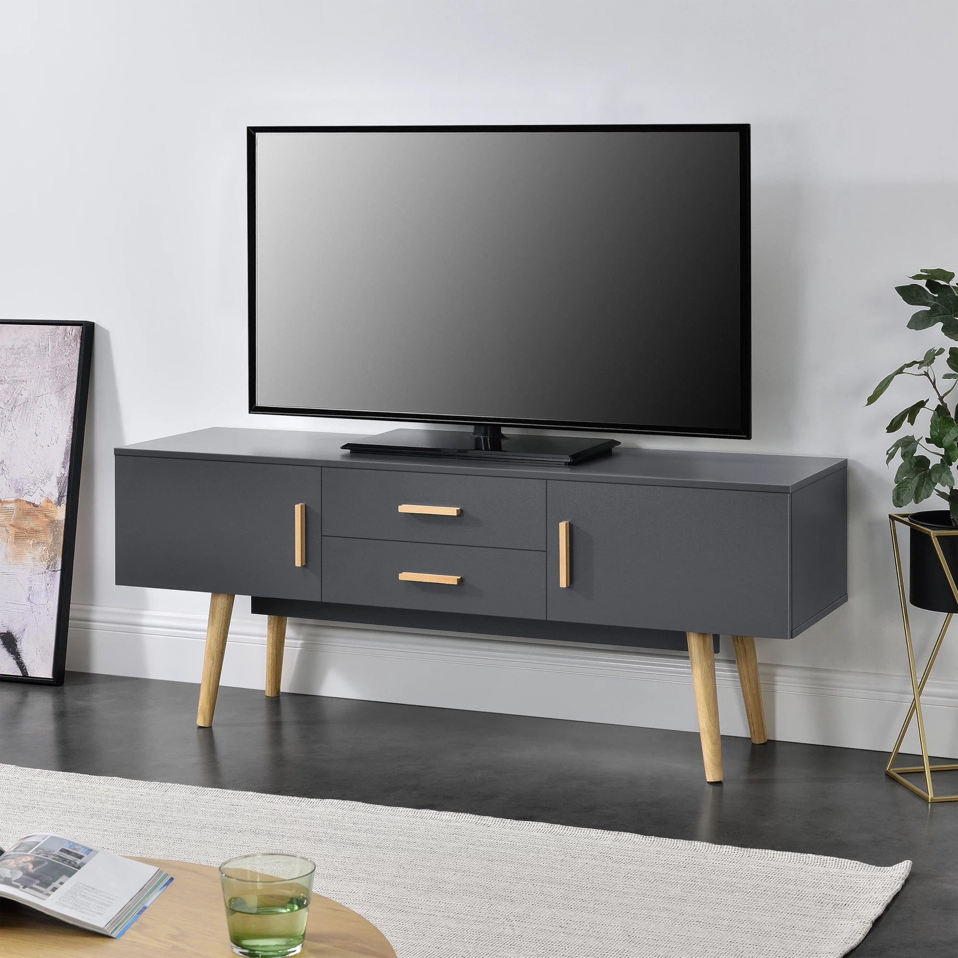 In And OutdoorMatch TV Kast Ressie - Met 2 Lades - 140x40x56 cm - Donkergrijs - Spaanplaat en Hout - Stijlvol Design TV cabinet