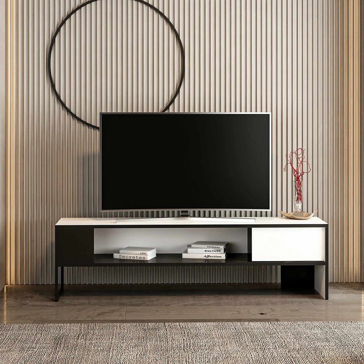 In And OutdoorMatch TV Kast Veda - 150x35x42 cm - Wit en Zwart - Spaanplaat en Metaal - Modern Design TV-meubel