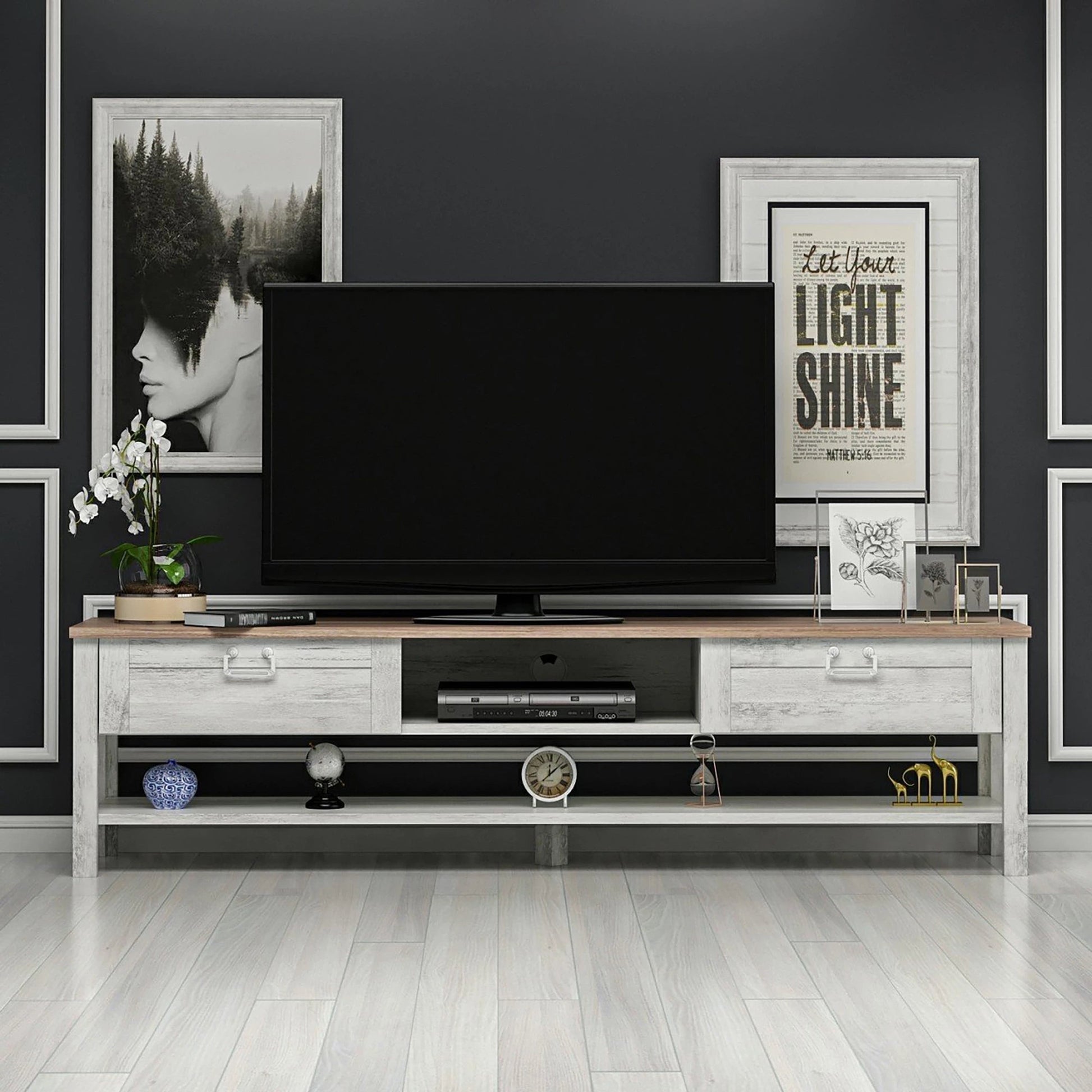 In And OutdoorMatch TV Meubel Jamil - Spaanplaat - 161x35,5x42 cm - Wit antiek en Eikenkleurig - Met 2 Lades - 1 Plank - Stijlvol Design TV cabinet