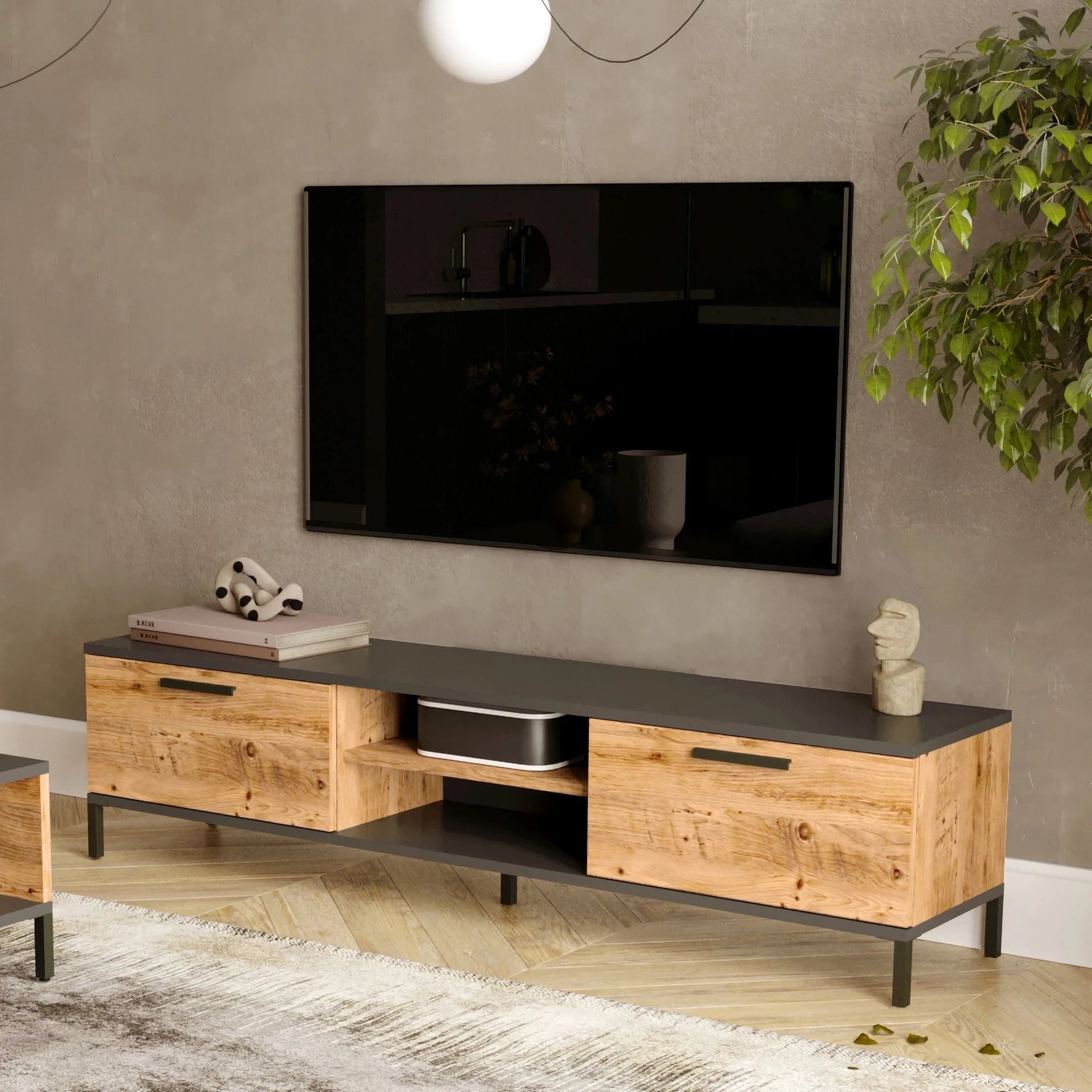 In And OutdoorMatch TV meubel Lucio - 160x35x39cm - Houtkleur en Antraciet - Spaanplaat en Staal - Stijlvol design TV cabinet