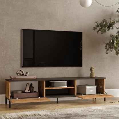 In And OutdoorMatch TV meubel Lucio - 160x35x39cm - Houtkleur en Antraciet - Spaanplaat en Staal - Stijlvol design TV cabinet