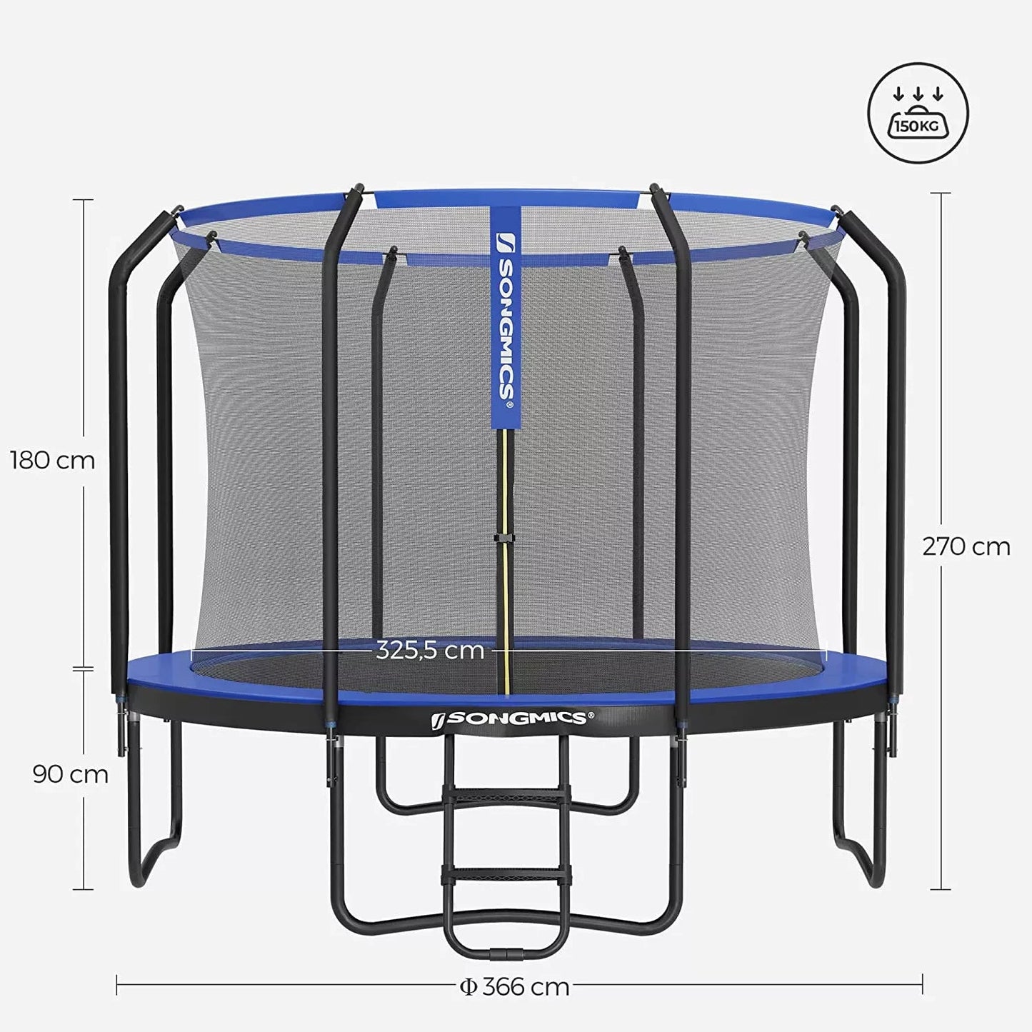 In And OutdoorMatch Trampoline Adolfo - 366 cm - Blauw - Trampoline met veiligheidsnet en ladder - gewatteerd frame - voor kinderen en volwassenen - binnennet Trampoline