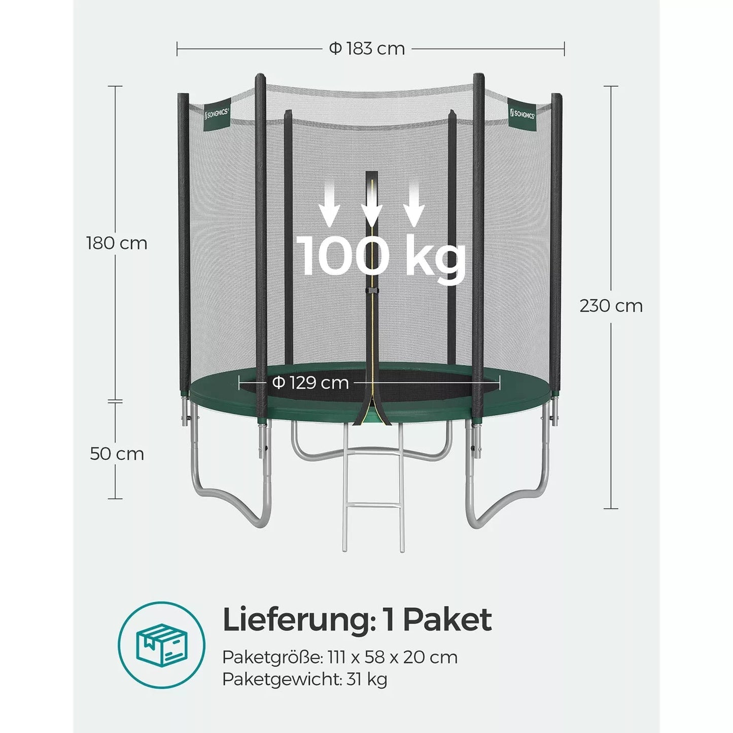 In And OutdoorMatch Trampoline Cordia - 183 cm groen - met veiligheidsnet & ladder - tot 100 kg belasting Trampoline