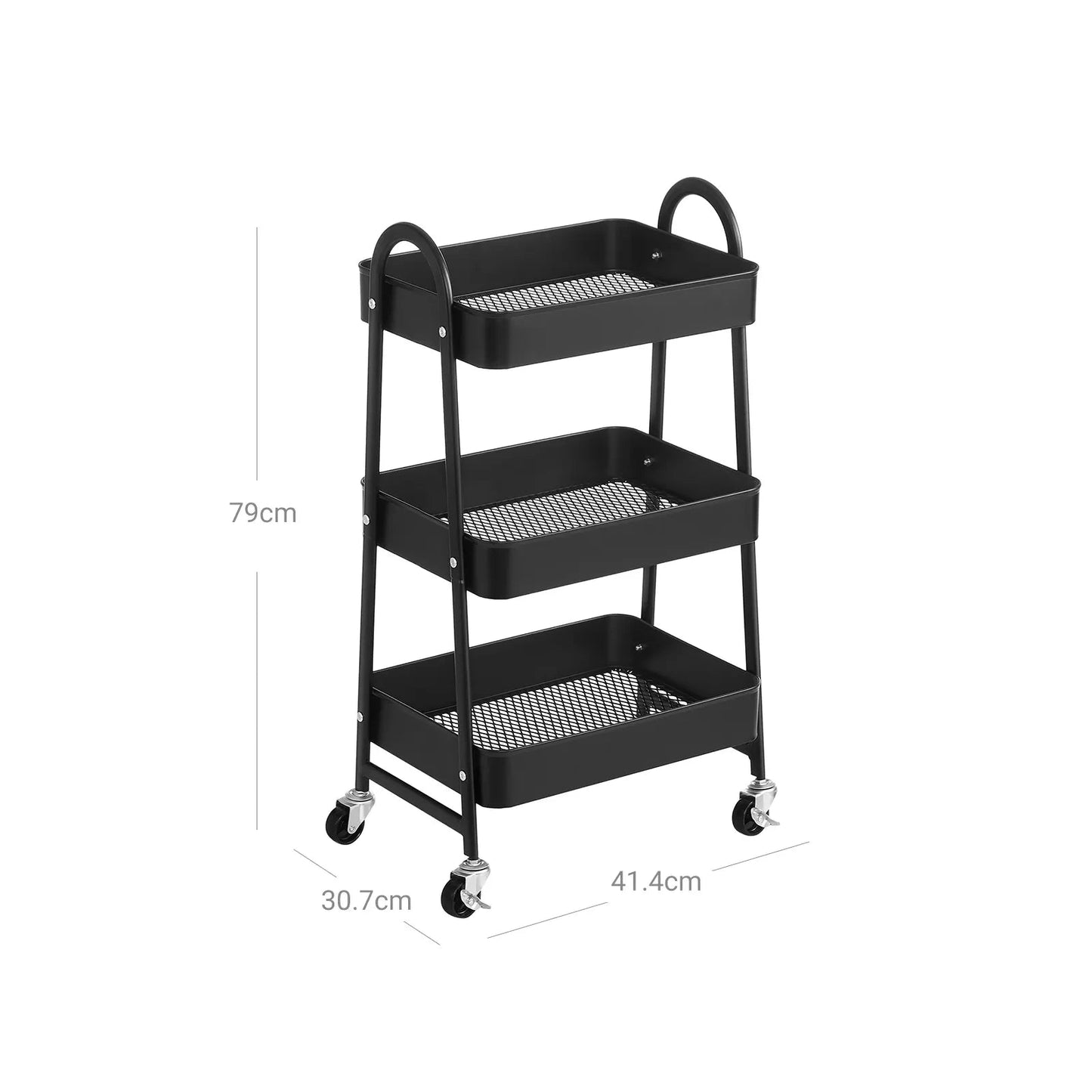 In And OutdoorMatch Trolley Alyce - 3 niveaus - Serveerwagen - Keukentrolley - Met Handvat - 2 Kleine Hangvakken - 2 Remmen - Kunststof Opbergvakken - Zwart Keuken Trolley