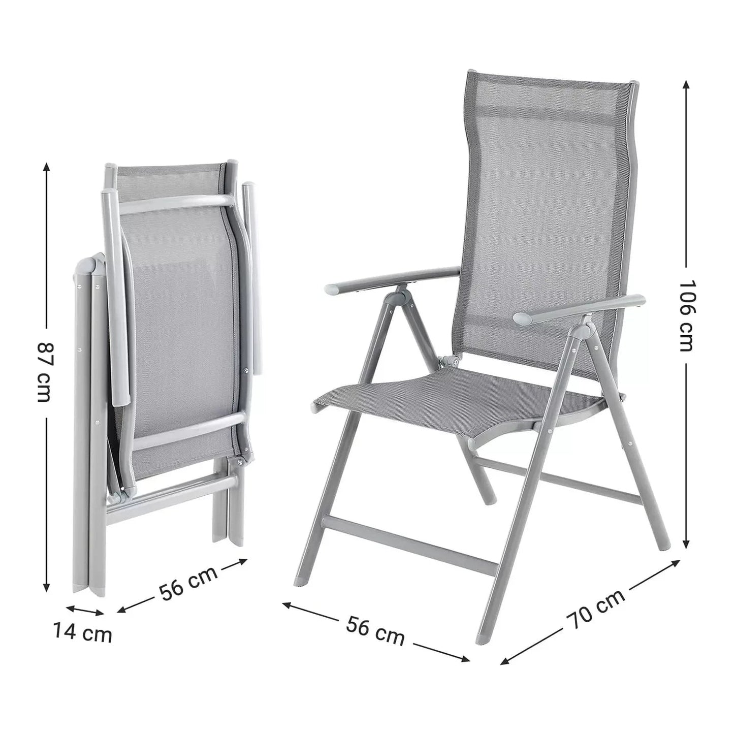 In And OutdoorMatch Tuinstoelen Yoni - Set van 4 - Klapstoelen - Buitenstoelen - Met Robuuste Aluminium Rrame - Rugleuning - Verstelbaar in 8 standen - Belastbaar tot 150 kg - Grijs Garden Chair