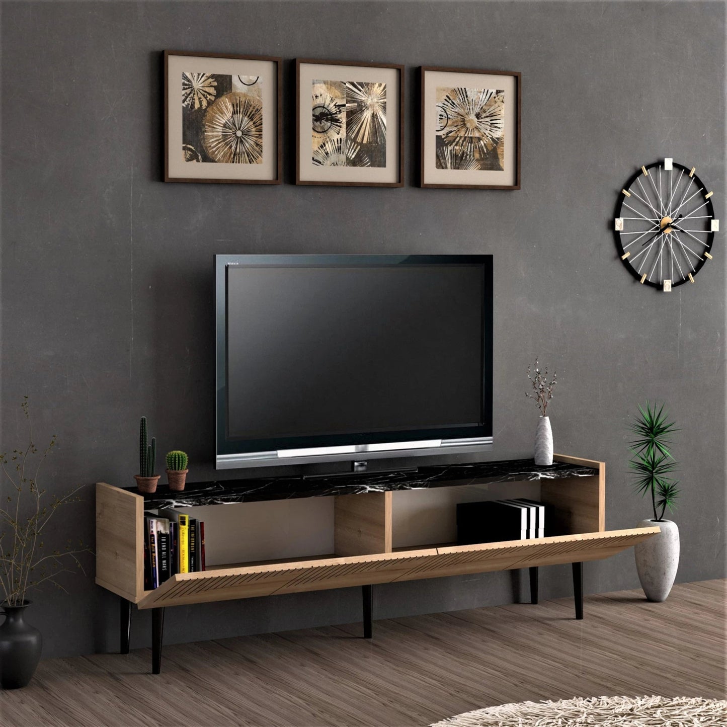 In And OutdoorMatch Tv-meubel Berend - Tv-meubel - 45x154x37 cm - Kleur Marmer Zwart en Eiken - Spaanplaat - Kunststof - Decoratief Design TV-meubel