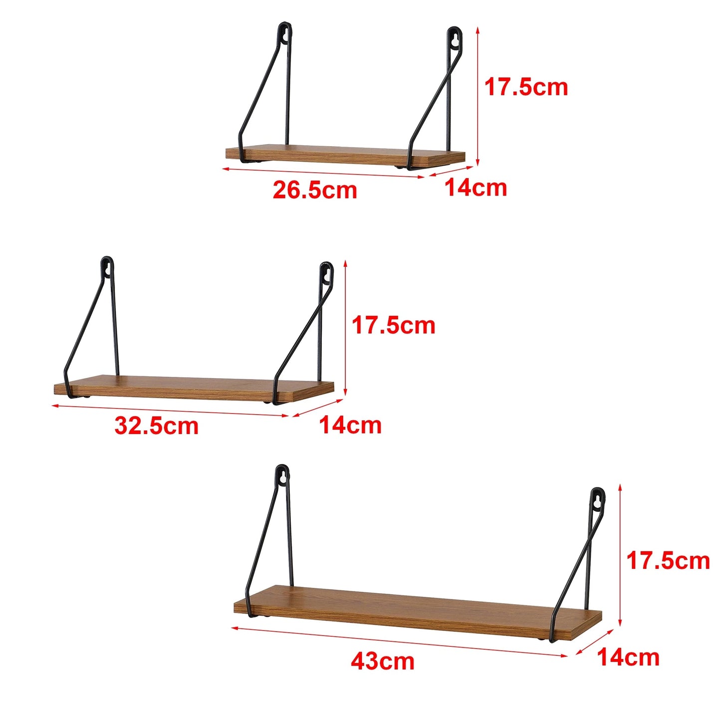 In And OutdoorMatch Wandrek Alden - Set van 3 - Zwart en Houtkleurig - Spaanplaat en Ijzer - Modern design Wandplank