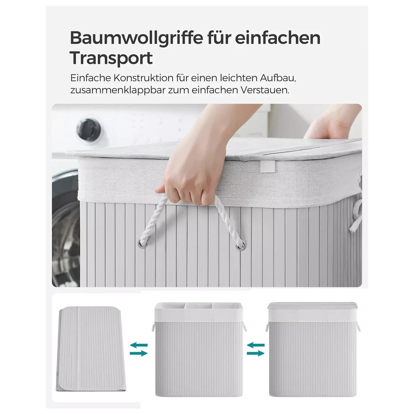 In And OutdoorMatch Wasmand Shayna - Wasmand - Bamboe Wasmand - met Handgrepen - 3 Compartimenten - Deksel met Clips - 150L Opvouwbaar - Wasruimte - Slaapkamer - Badkamer - Wit Wasmand