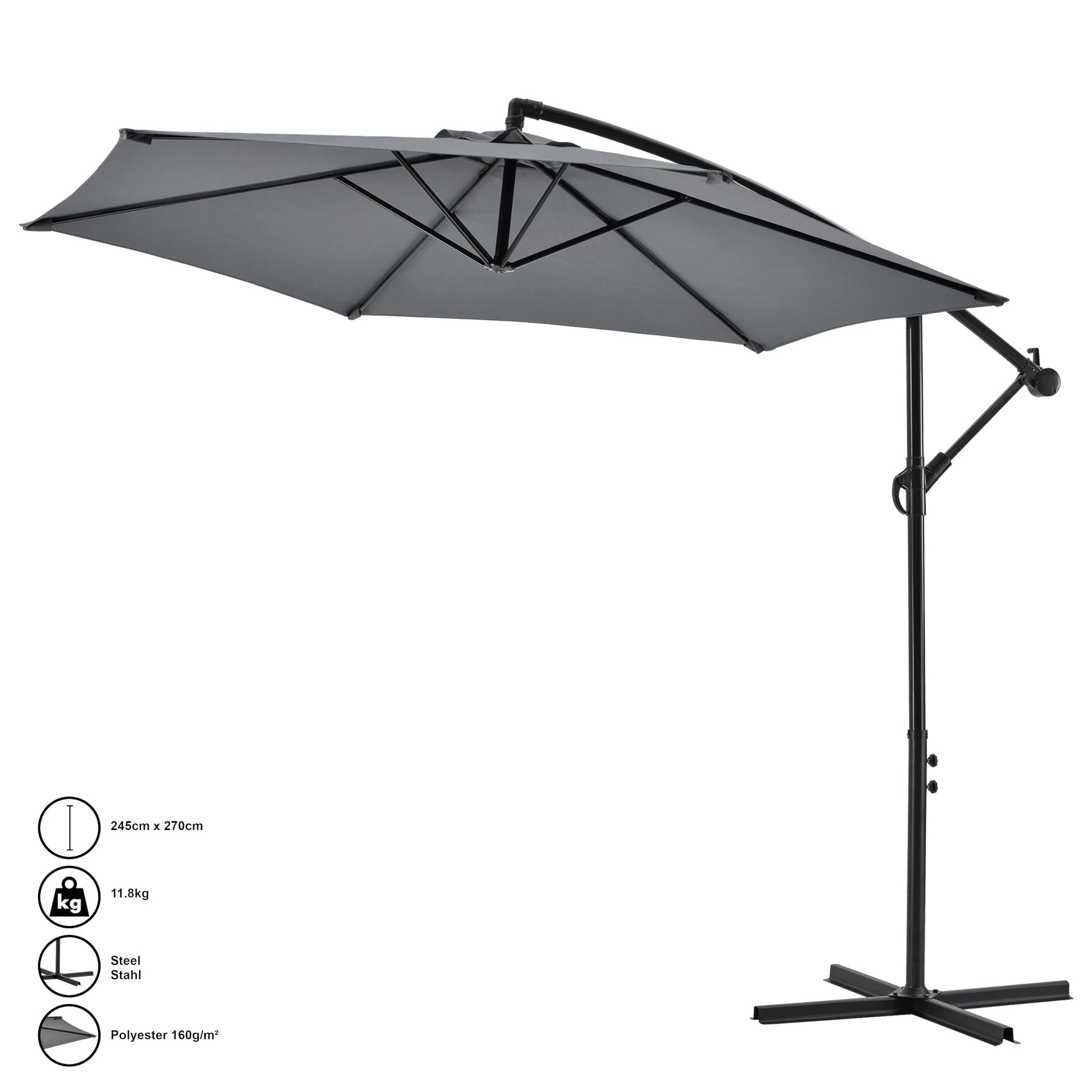 In And OutdoorMatch Zwevende Parasol Addie - Staal - Ø 270x245 cm - Incl. Grijze basis - Waterafstotend - Luxe uitstraling Sunshade