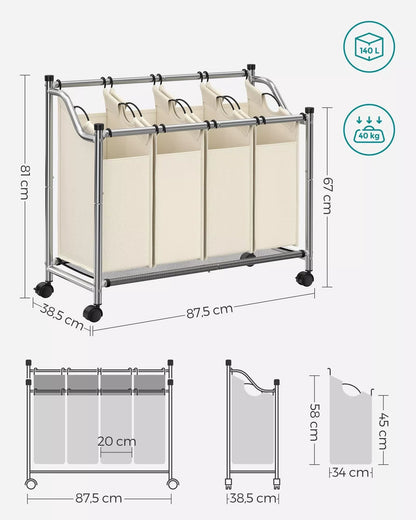 In And OutdoorMatch wasmand Sergi - wasverzamelaar - Creme - 4 uitneembare stoffen zakken wasgoed - op wielen - 4 x 35 liter Wasmand