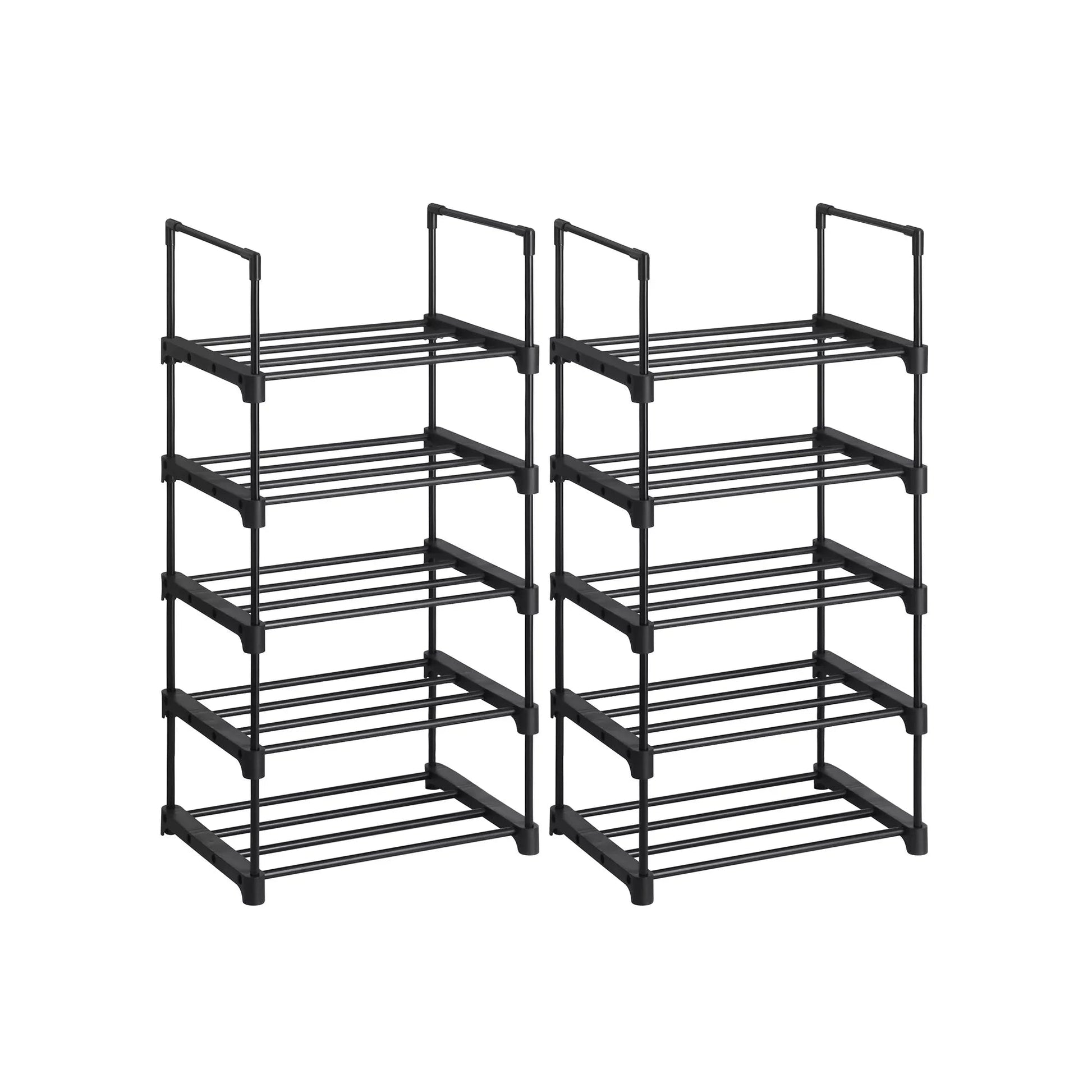 In En OutdoorMatch Schoenenrekken Tye - Set van 2 - Metalen Schoenenrek - Stapelbaar - Ruimtebesparend - Schoenenopberger - Multifunctioneel - Staande Plank - Voor Hal - Slaapkamer - Woonkamer - Zwart shoe rack