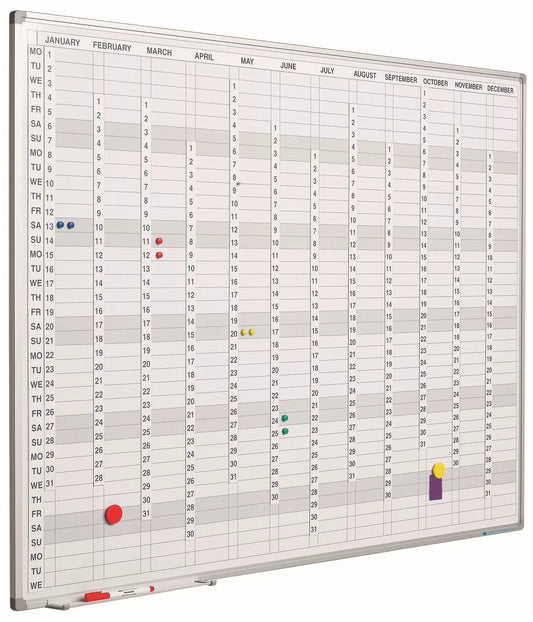 Whiteboard PRO Florentino - Emaille staal - Incl. maand/dag/cijferstrips - Weekplanner - Maandplanner - Jaarplanner - Magnetisch - Wit - Engels - 90x120cm Planbord