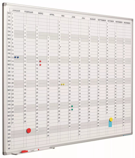 Whiteboard PRO Myers - Duits - Emaille staal - Weekplanner - Maandplanner - Jaarplanner - Magnetisch - Wit - incl. maand/dag/nummerstroken - 60x90cm Planbord